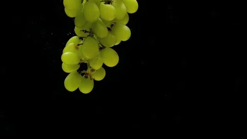 Branch of green grapes floating under transparent water on black background Stock Footage 108782912