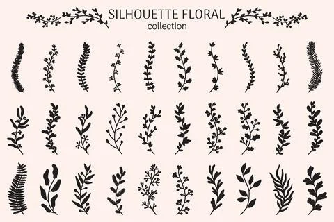 Branch icons. Black leaf, eucalyptus plants, vine sprig, flower and tree twig Stock Illustration