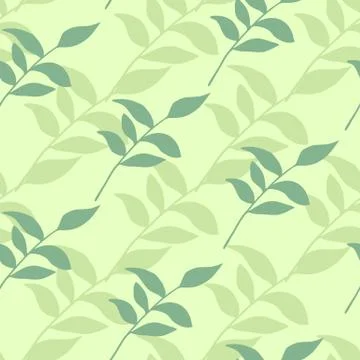Branch leafs seamless hand drawn silhouettes pattern. Light green and olive c Stock Illustration