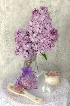 A branch of lilac on the dressing table Stock Photos