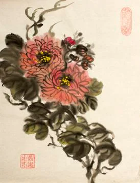 Branch of red chrysanthemums Stock Illustration