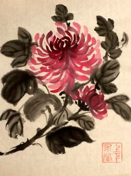 Branch of red chrysanthemums Illustrazione stock