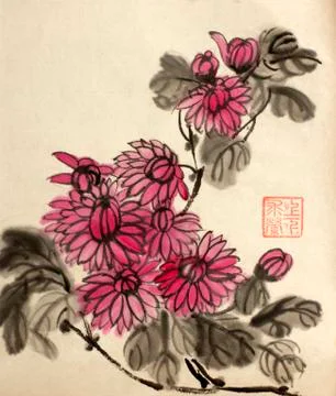 Branch of red chrysanthemums Stock Illustration