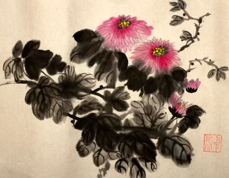 Branch of red chrysanthemums Stock Illustration