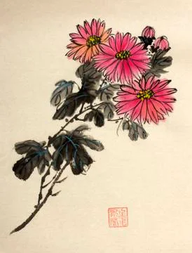Branch of red chrysanthemums Stock Illustration
