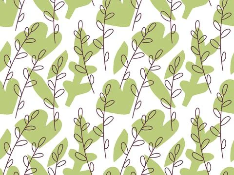 Branch seamless pattern. Linear doodle sketch on green bionic spots. Hand drawn 스톡 일러스트