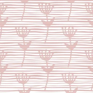 Branch silhouettes seamless doodle pattern. Pastel pink elements on white bac Stock Illustration