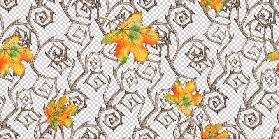 Branch with thorns twisted and maple leaf pattern in watercolor 스톡 일러스트