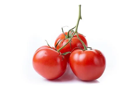 A branch of three fresh red tomatoes isolated on a white background. Stock Photos