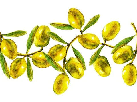 Branch of yellow olives, seamless pattern, watercolor Stock Illustration