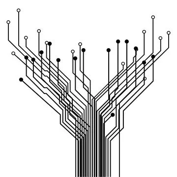 Branched PCB tracks with rings at ends. Element for technical projects. Illustrazione stock