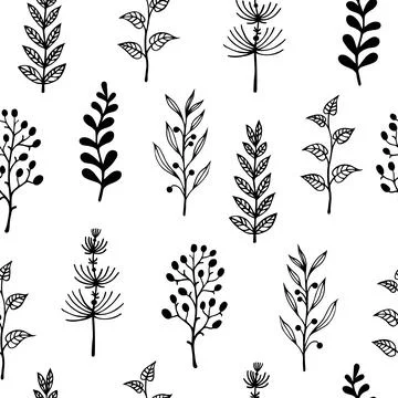 Branches and herbs seamless vector pattern. Hand-drawn botanical elements Illustrazione stock