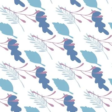 Branches and leaves vector seamless pattern on white background. Green and bl Stock Illustration