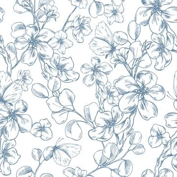 Branches with apple blossoms, butterflies, eucalyptus, and flowers. Hand-drawn Stock Illustration
