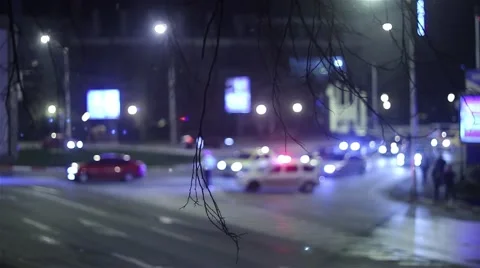 Branches bare of leaves which are hung over an intersection where a police car 스톡 동영상 64348742