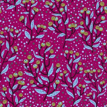 Branches with berries, cozy texture colored ornament. Vector seamless pattern Stock Illustration