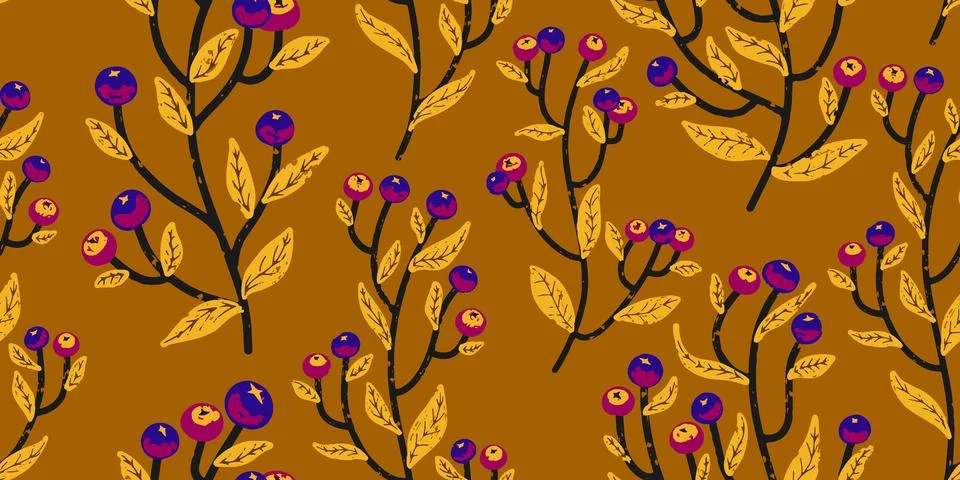 Branches with berries, cozy texture colored ornament. Vector seamless pattern 库存插图