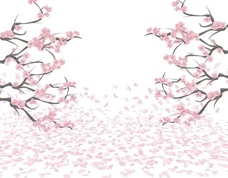 Branches of a blossoming pink cherry on both sides of the picture. Sakura. .. Stock Illustration
