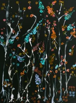 Branches of cherry blossoms with flowers of different colors on a black backg Illustration