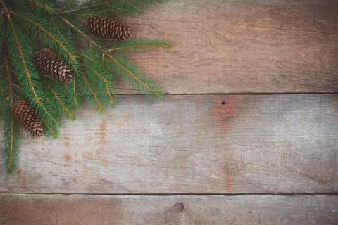 Branches of a Christmas tree with cones on the rustic wooden background Stock Photos