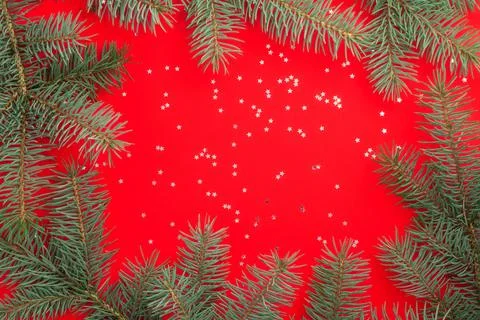 Branches of a Christmas tree on a red background with silver confetti stars.  Foto stock