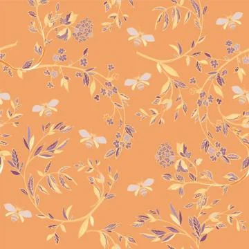 Branches of flowering trees vector illustration. Seamless pattern with bees,  Stock Illustration