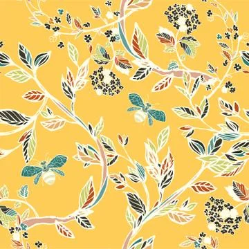 Branches of flowering trees vector illustration. Seamless pattern with bees,  Illustrazione stock