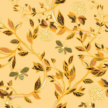 Branches of flowering trees vector illustration. Seamless pattern with bees,  스톡 일러스트