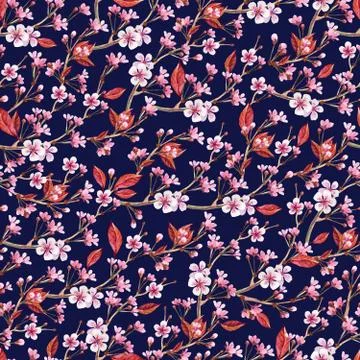 Branches of Japanese cherry pattern on dark blue. Watercolor seamless. Ideal for Stock Illustration