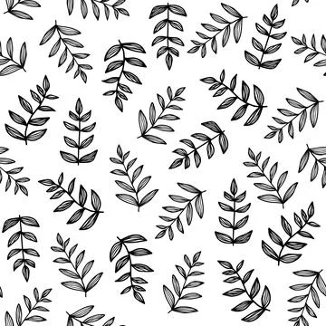 Branches with leaves seamless pattern. Hand drawn black doodle line art plant イラスト素材