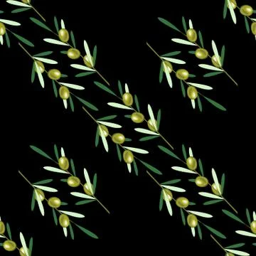 Branches of olive tree. Seamless pattern. Green olive fruit, leaves Stock Illustration