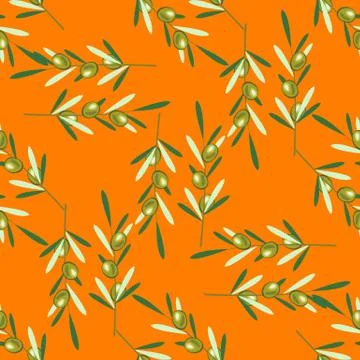 Branches of olive tree. Seamless pattern. Green olive fruit, leaves Stock Illustration