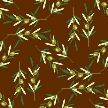 Branches of olive tree. Seamless pattern. Green olive fruit, leaves Stock Illustration