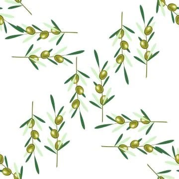 Branches of olive tree. Seamless pattern. Green olive fruit, leaves Stock Illustration