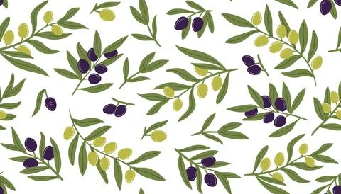 Branches with olives seamless pattern. Olive ripe black and green fruits back Illustrazione stock