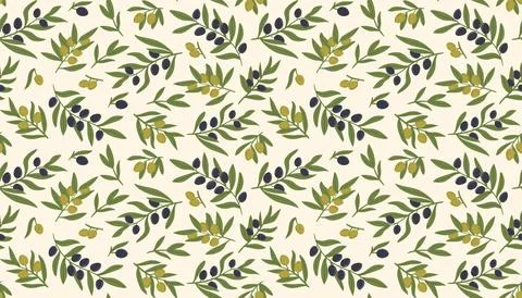 Branches with olives seamless pattern. Olive ripe black and green fruits back Stock Illustration