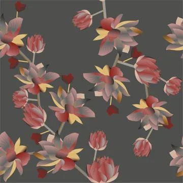 Branches red flowers on a grey background. Vector illustration. Seamless patt Stock Illustration