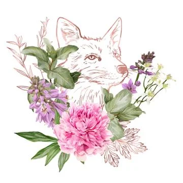 Branches, rose gold floral elements and fox head Stock Illustration