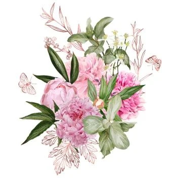 Branches, rose gold floral elements and butterflies Stock Illustration