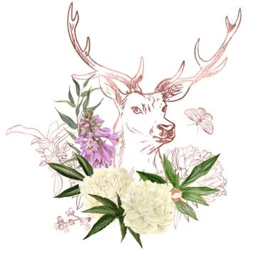 Branches, rose gold floral elements and deer head Stock Illustration