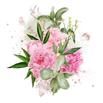 Branches, rose gold floral elements and butterflies Stock Illustration