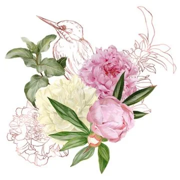 Branches, rose gold floral elements and bird Stock Illustration