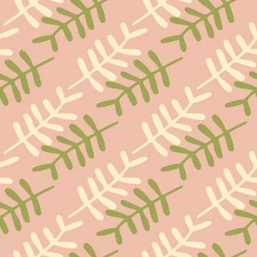 Branches silhouettes seamless doodle pattern. Floral elements in green and wh Stock Illustration