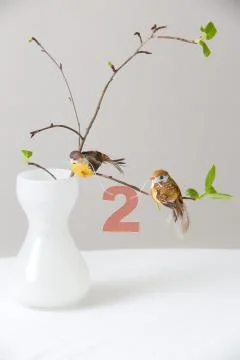 Branches of a tree in a beautiful white vase with birds and number 2 Stock Photos