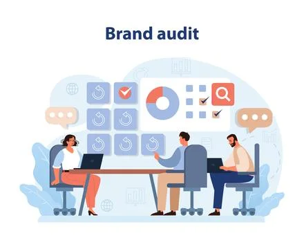 Brand Audit Process. A detailed vector illustration depicting a team conducting. Stock Illustration