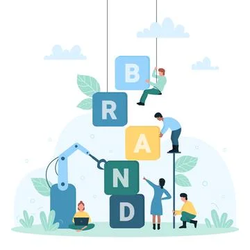 Brand creation and development, tiny people make brand word from cubes with Ilustración de archivo
