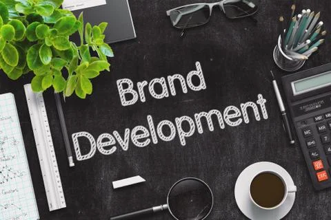 Brand Development Concept on Black Chalkboard. 3D Rendering. Stock Illustration