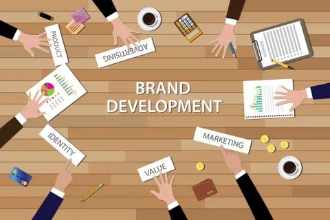 Brand development illustration team work together on wood table Stock Illustration