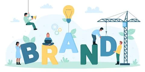 Brand development, tiny people build company identity, building process of brand Stock Illustration