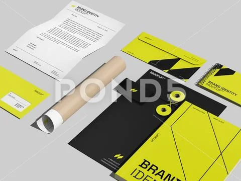 Brand Identity Mockup with Envelopes and Document Tube Modello PSD
